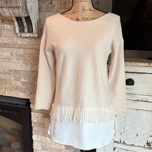 tyler boe 100% cashmere layered fringe sweater tunic in a pearl beige color